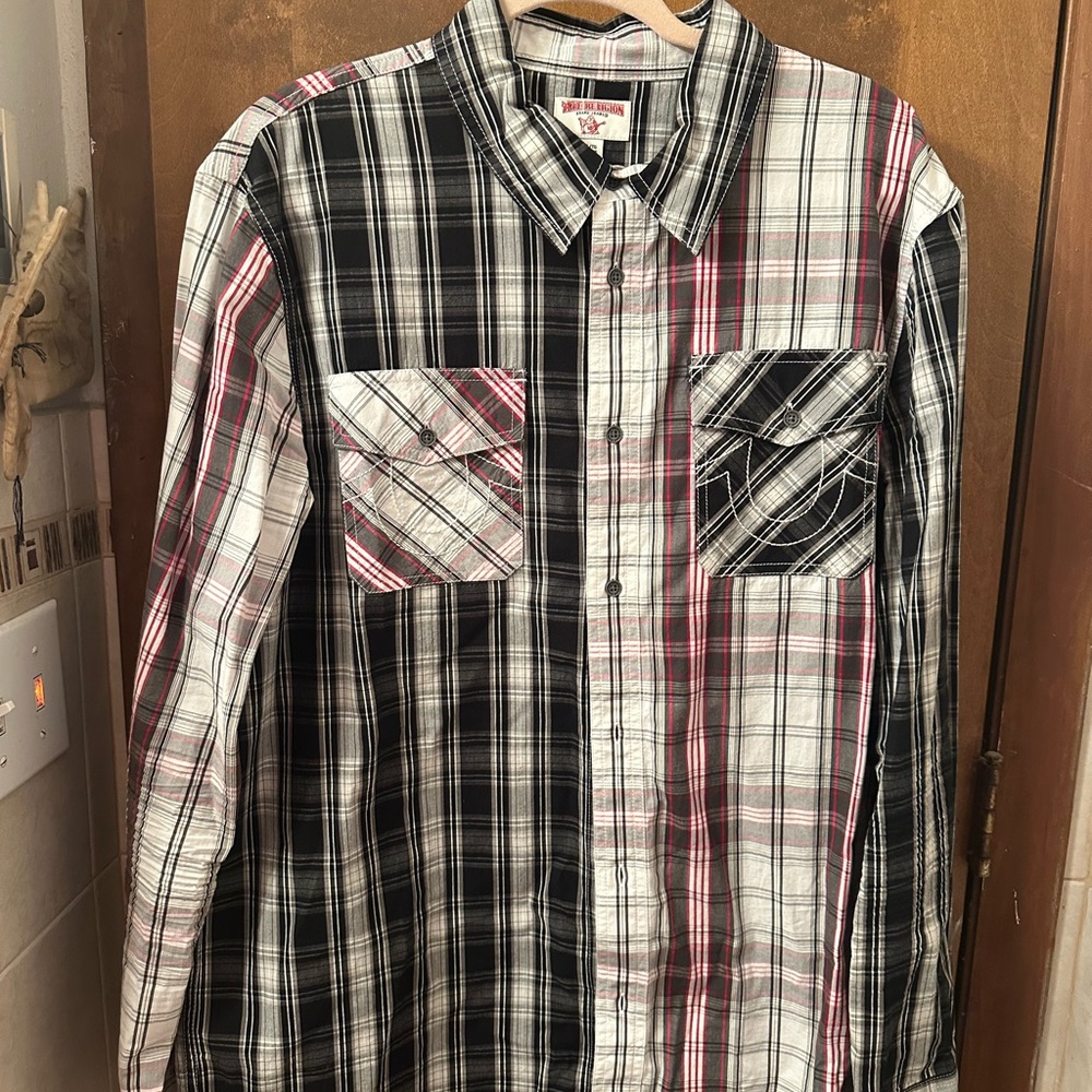 NWOT Men's True Religion Black and White Plaid Shirt